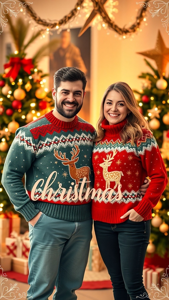 A couple in holiday sweaters posing with a Christmas card, decorated with festive elements.